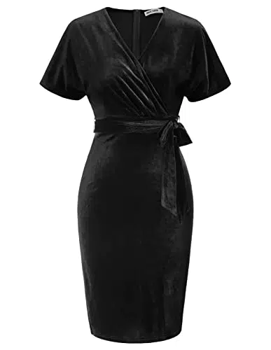 GRACE KARIN Elegante Abito Velluto Cerimonia da Donna Manica Corta con Cintura Vestito Sera Party Nero L