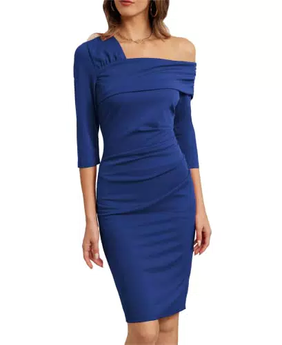 GRACE KARIN Vestito Aderente da Donna Vestito Longuette Arricciato con Maniche a 3/4 Vestito a Trapezio al Ginocchio Vestito a Tubino Slim con Maniche a 3/4 Rosso CL1348A22-4_2XL