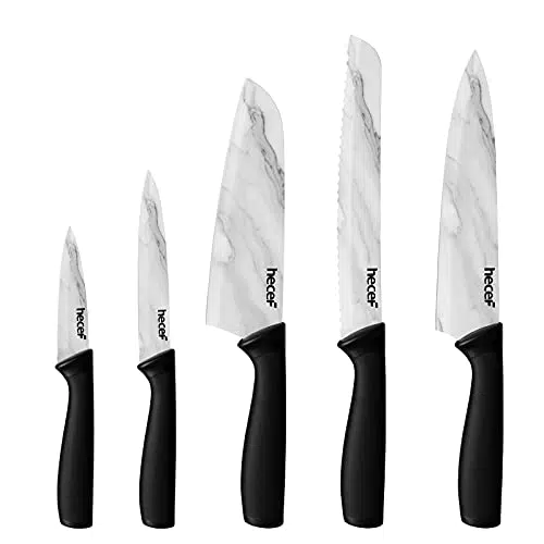hecef Set di coltelli da cucina in acciaio inox con motivo in marmo bianco e guaine protettive