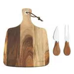 hecef Tagliere per Formaggi Set da 3 Pezzi, Tagliere in Legno di Acacia & Coltello da Formaggio & Forchetta da Formaggio