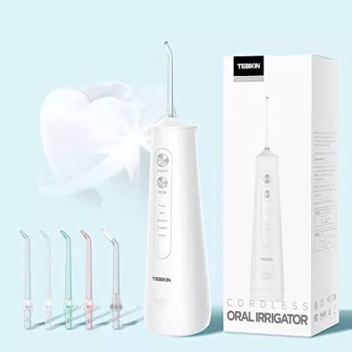Idropulsore Dentale Portatile Tebikin Irrigatore Orale 245ml 5 Modalità 5 Beccuccio Rotante Ipx7 Impermeabile Ricaricabile Usb Adatto a Viaggio Bianco