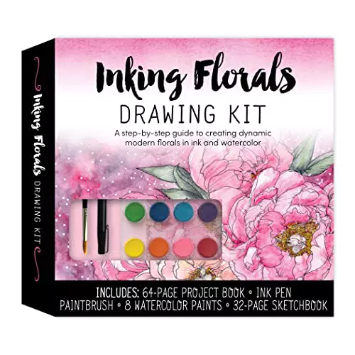 Inking Florals Drawing Kit: A step-by-step guide to creating dynamic modern florals in ink and watercolor – Includes: 64-page project book