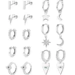 KALVICA 8 Paia Orecchini a Cerchio Pendenti con Stella Lunare per Donna Orecchini Pendenti a Forma di Asimmetrici di Personalità Recchino a Cerchio Huggie dell'occhio Diabolico CZ Spike Set di