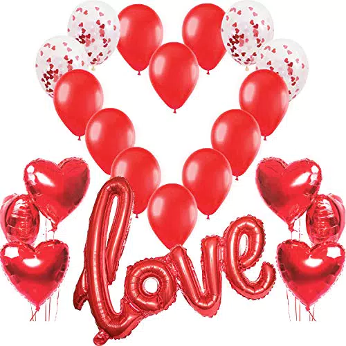 Kit Romantico, Love XXL Rosso, 6 Palloncini a Forma di Cuore Rossi