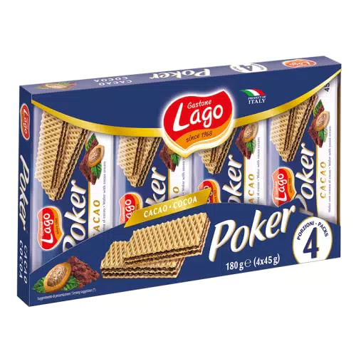 LAGO, Poker Cacao 4x45g, Wafer con Crema Cacao 75% con 3 Strati Friabili di Wafer e una Crema Cioccolato Vellutata
