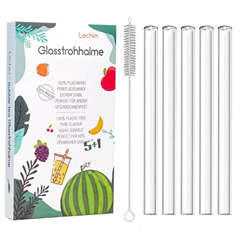 Lechin Bubble Tea Cannucce in vetro, 14 x 19 mm, 5 pezzi con 1 spazzola per la pulizia