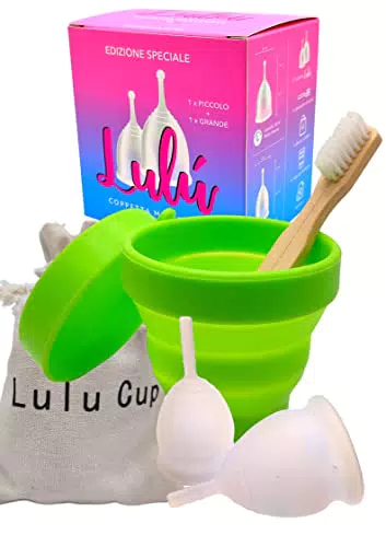 -LULUCUP-Coppetta Mestruale-2-Coppette Mestruali-1-Sterilizzatore-1-Borsa da Transporto-1-Spazzolino Bamboo-Morbida-Silicone-Assorbenti-taglia SL-Lavabili-Anallergica-Riutilizzabile-Ecosostenibile-