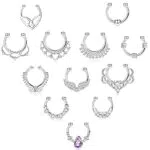 Morfetto 12Pcs Falso Setto Anelli per Le Donne CZ Finto Naso Anelli Cerchio Non Trafitto Clip su Falso Setto Piercing Gioielli