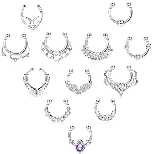 Morfetto 12Pcs Falso Setto Anelli per Le Donne CZ Finto Naso Anelli Cerchio Non Trafitto Clip su Falso Setto Piercing Gioielli