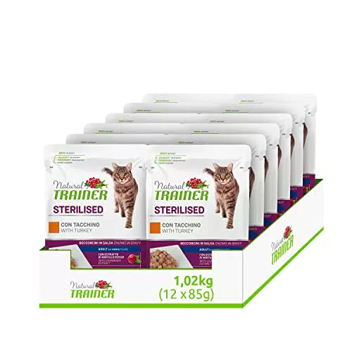 Natural Trainer Sterilised, Cibo umido per Gatti Adulti con Tacchino - 12 Buste x 85gr - 1020 gr