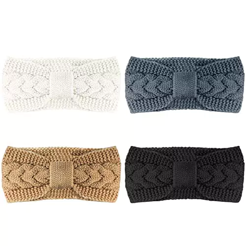 Pacrate 4 pezzi Fascia per capelli da donna in inverno Fascia a maglia con nodo a fiocco Fascia autunnale per donne ragazze Fascia invernale per orecchie Scaldacollo per Make up Yoga Spa
