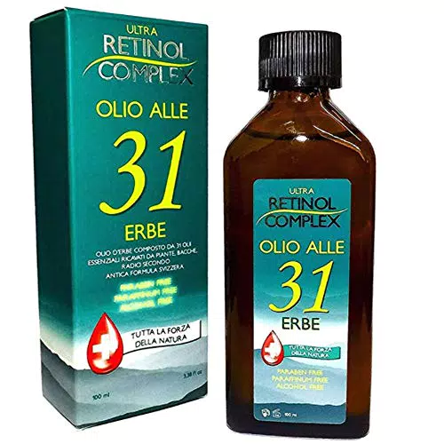 Retinol Complex Olio alle 31 Erbe senza Parabeni, Paraffina e Alcohol utile contro Mal di Testa e dolori al corpo - 100ml