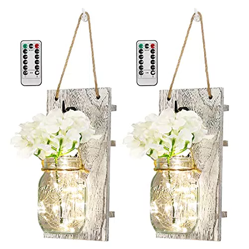 Shinowa [2 Pezzi] Applique da Parete Rustica, Arredamento Rustico in Legno Mason Jar Sconce Decorazione da Parete per Soppalco con Luci LED Decorazioni Giardino Casa Natale