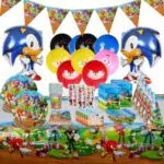 Stoviglie per Feste Soniche 92 Pezzi, Addobbi Sonic Compleanno Includere Palloncino Piatti e Bicchieri Tovaglioli Cannucce Tovaglie Striscioni per Decorazioni Festa Ragazzi e Ragazze