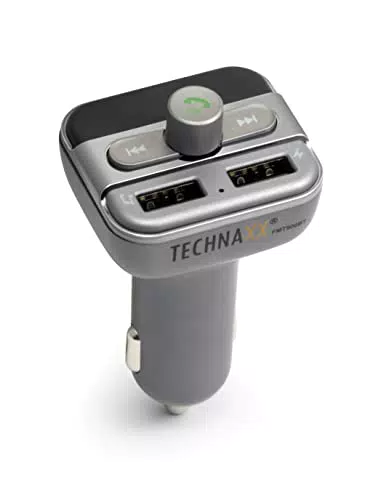 Technaxx Trasmettitore FM Bluetooth per Auto, Kit Vivavoce con 2 Porte di Ricarica USB Lettore Musicale MP3/WMA