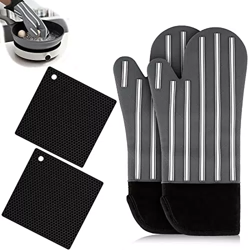 Uktunu Guanti da Forno e Presine Antiscivolo Guanti da Barbecue Resistenti al Calore Guanti da Forno e Sottobicchiere in Silicone Forno Presine Set 4 Pezzi per Forno a microonde