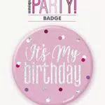 Unique Party 83527 - Distintivo di Compleanno - 7, 5 cm - Compleanno Glitz Rosa e Argento