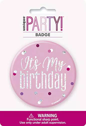 Unique Party 83527 - Distintivo di Compleanno - 7, 5 cm - Compleanno Glitz Rosa e Argento