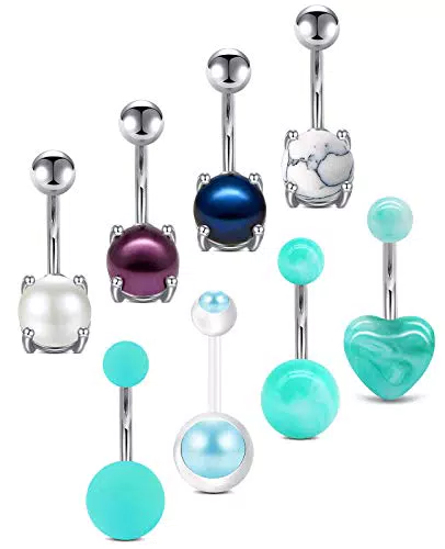 WillTen 14G Piercing Ombelico Acciaio Chirurgico Piercing Banana Pancia Perla Cuore Turchese 10MM Gioielli per Piercing Donna Uomo