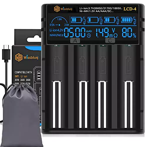 WISSBLUE 18650 Caricabatterie，Caricabatterie con display LCD per，4 Slot Caricabatterie Indipendente
