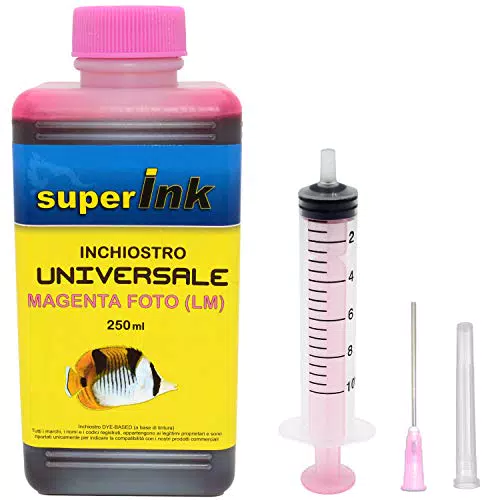 250ml - Inchiostro superInk UNIVERSALE per la ricarica di stampanti inkjet + siringa 10ml completa di ago a punta tronca e cappuccio