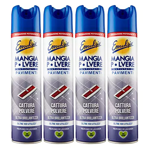 4x Emulsio Mangia Polvere L'antistatico Pavimenti Cattura Polvere e Ultra Brillantezza alla Lavanda - 4 Flaconi Spray da 300ml ognuno