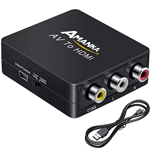 AMANKA Mini AV a HDMI Convertitore Adattatore, 1080P Composito RCA CVBS a HDMI Convertitore con Cavo USB per TV PC PS3 Blue-Ray DVD XBOX SKY HD VHS VCR