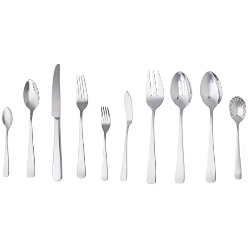 Amazon Basics - Servizio di 65 posate in acciaio inox con bordo squadrato per 12 persone
