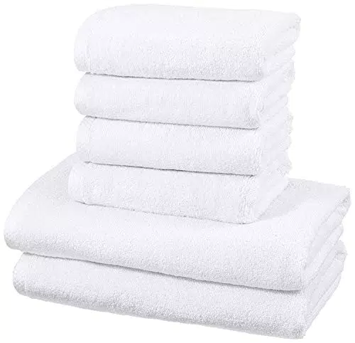 Amazon Basics - Set di asciugamani ad asciugatura rapida, 2 teli bagno + 4 asciugamani - Bianco