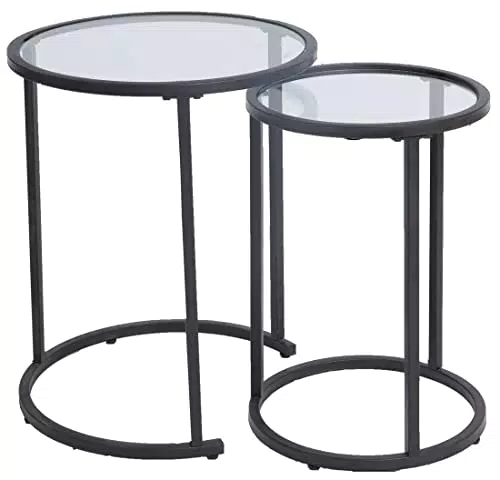 Amazon Brand - Umi Set di 2 Tavolino da Caffè Rotondi per Soggiorno con Ripiano in Piano Vetro