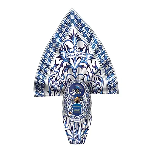 BACI PERUGINA Dolce & Gabbana Maiolica Uovo di Pasqua Cioccolato Fondente Extra e granella di Nocciole con Sorpresa e 3 Cioccolatini 367g
