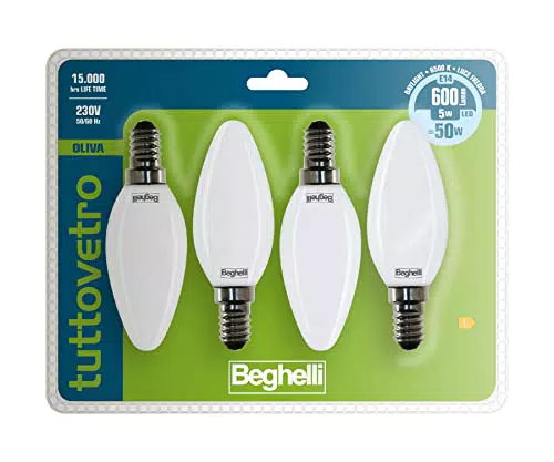 Beghelli - TUTTOVETRO lampadina E14 Luce Fredda, Led a Oliva 5W