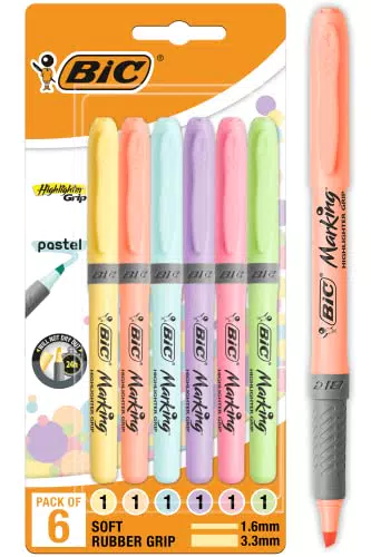 BIC - Highlighter Grip, evidenziatori con punta smussata regolabile, colori assortiti, confezione da 6