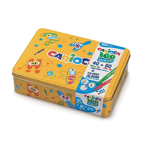 Carioca Color Box, 100 Pennarelli Lavabili per Bambini in Scatola di Latta Gialla
