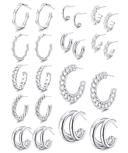 JeweBella 11 Paia Orecchini Cerchio Oro Spessi per Donne Ragazze 14k Placcato Oro Ipoallergenico Orecchini a Cerchio Aperti Intrecciati Grandi Huggie Set di Gioielli Regalo Oro/Argento