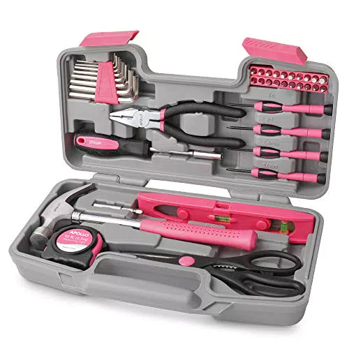 Kit di attrezzi per la casa, set da 39 attrezzi rosa per il per fai-da-te