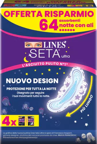 Lines Seta Ultra Assorbenti Ultra Notte con Ali, Pacco Scorta, Confezione da 64 pezzi