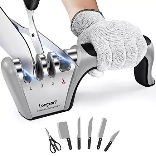 longzon Affilacoltelli Professionale, 4 in 1 con Due Guanti Antitaglio