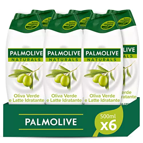 Palmolive Bagnoschiuma Naturals Oliva Verde e Latte Idratante 6 x 500 ml I Lascia la Pelle Morbida ed Idratata I Gel doccia dermatologicamente testato