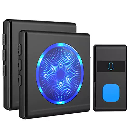 PewinGo Campanello Wireless, Campanello Senza fili da Esterno Impermeabile IP55 Portatile con 3 Livelli Indicatore Colorato LED /55 Melodie/ 5 Livelli di Volume/Campo di Funzionamento 300M-Nero