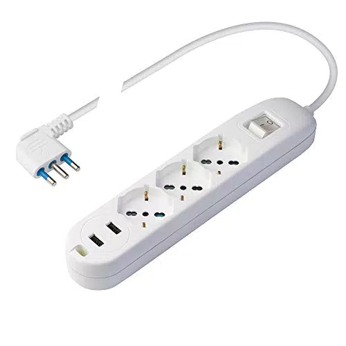 POLY POOL - PP2526 Ciabatta Multipresa Elettrica Smart - 3 Prese Schuko Multistandard Bivalenti - 2 Prese USB 2.4A per Carica Veloce - Spina Salvaspazio - Ciabatta con Interruttore Nera Cavo 1
