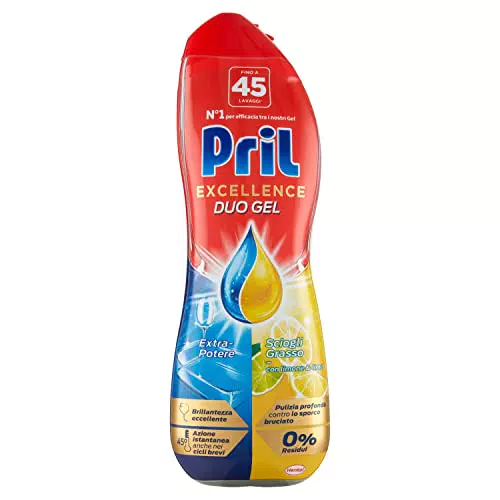 Pril Excellence Duo Gel Detersivo lavastoviglie Gel con Limone, Confezione da 45 Lavaggi