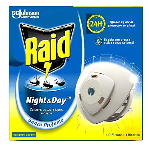 Raid Night & Day Base con Ricarica, Antizanzare e Antimosche con Sabbia Compressa