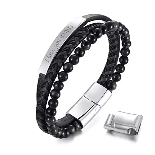 Bracciale Pelle da Uomo in Cuoio con Pietre Naturali e Serratura Magnetica in Acciaio Inox