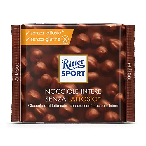 RITTER SPORT Nocciole Intere Senza Lattosio, Tavoletta di Cioccolato Al Latte Extra Con Nocciole Intere