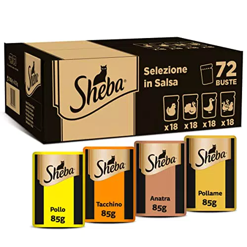 Sheba Selezione in Salsa, gusti Pollo, Tacchino, Pollame, Anatra, cibo umido completo per gatti adulti, 72 Bustine da 85g