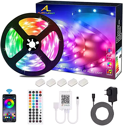 Striscia LED 5M Bluetooth, ALED LIGHT Strisce Luci Led RGB 5050 SMD con DC 12V Alimentatore e 44 Tasti Telecomando e Ricevitore