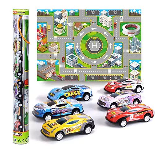 Vanplay Auto Giocattolo Metallo Macchinine Tirare Indietro Autos Compreso Mappa del Gioco di Corse e 6 Mini Veicoli Regalo per Bambini Oltre 3 Anni
