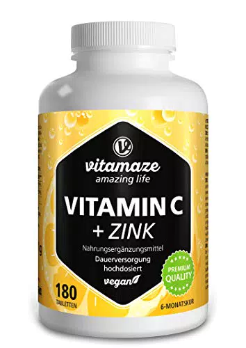 Vitamaze - Vitamina C Pura 1000 mg Alto Dosaggio + Zinco, 180 Compresse Vegane
