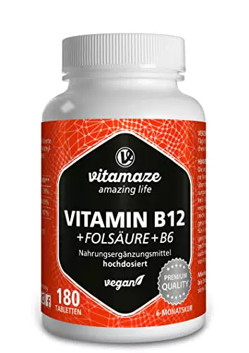 Vitamina B12 ad alto Dosaggio Metilcobalamina con Acido Folico + Vitamina B6, 180 Compresse